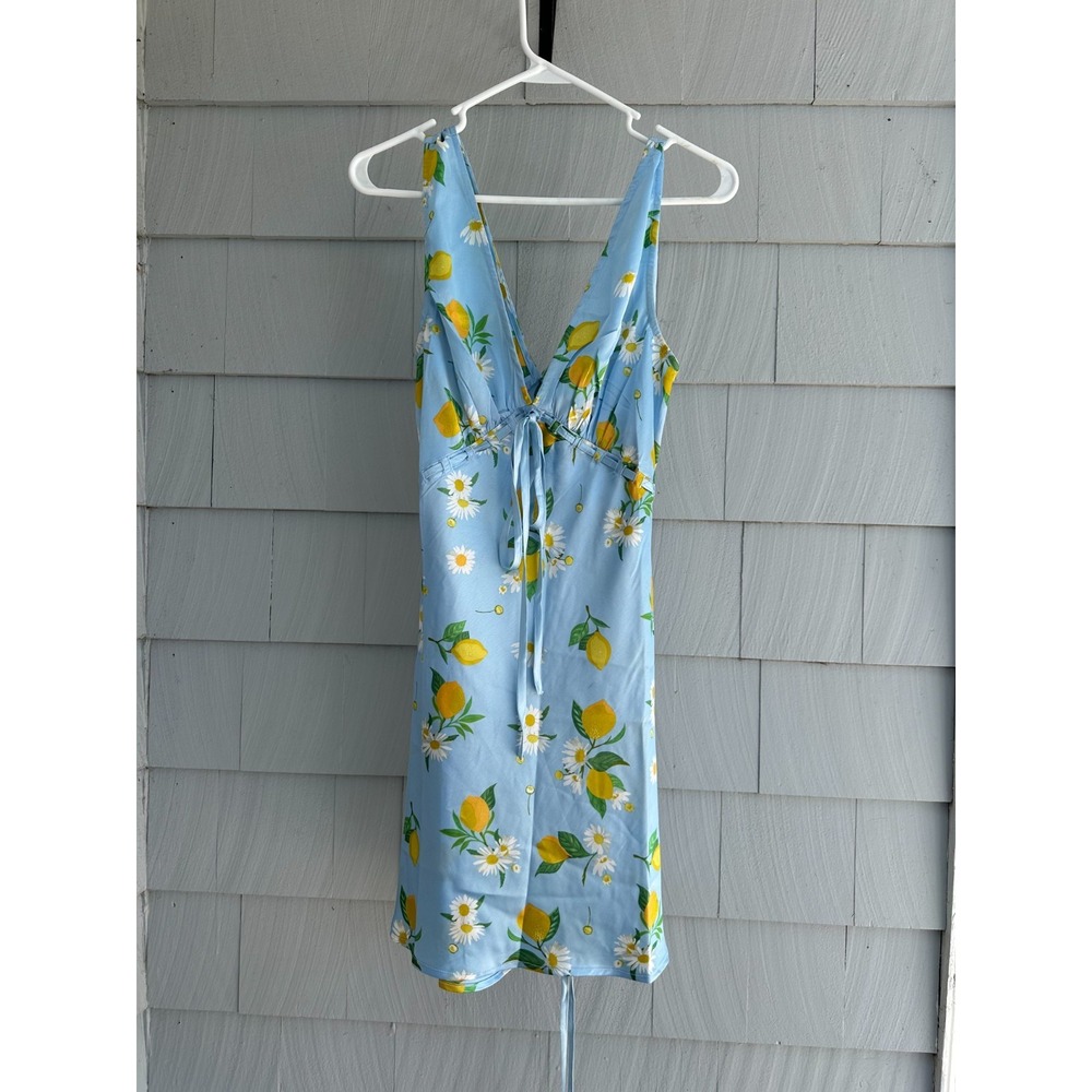 ASOS Design Lemon Daisy Print Open Back Midi Dress Blue Size US 8 UK 12